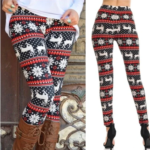 NWT! ULTRA BUTTERY SOFT WOMENS HOLIDAY FAIR ISLE STRETCHY CHRISTMAS LEGGINGS - Picture 2 of 2